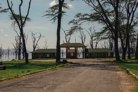 The former offices of Lake Nakuru submerged in water, Kenyaのeditorial素材