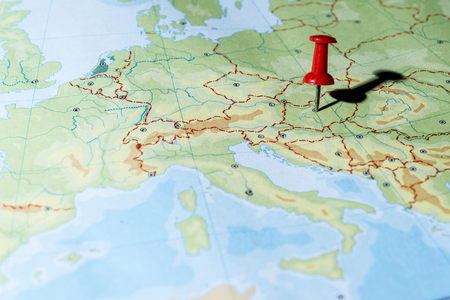 Red pin on a map pointing Budapestの写真素材