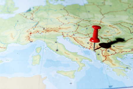 Red pin on a map pointing Podgoricaの写真素材