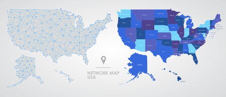 Telecommunications network of the USA, Abstract mesh polygonal geographic map, detailed map of the states of America blank for designのイラスト素材
