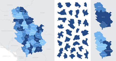 Detailed blue map of Serbia with administrative divisions, major cities on a white background, vector illustrationのイラスト素材