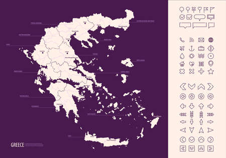 Detailed map of Greece with administrative divisions on a dark background, big cities of the country and icons set, vector illustrationのイラスト素材
