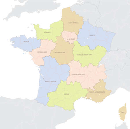 Detailed map position of France in Europe, administrative division into regions and departmentsのイラスト素材