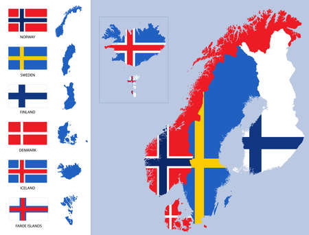 Detailed map of Scandinavia with country silhouettes and flagsのイラスト素材