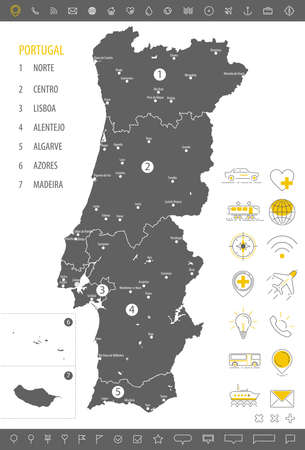 Detailed monochrome map of Portugal, gray territory of the country with geographical borders and administrative divisions on white background, set of travel icons, vector illustrationのイラスト素材