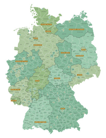Detailed map of federal states of Germany with administrative divisions into lands and regions of the country, vector illustration on a white backgroundのイラスト素材