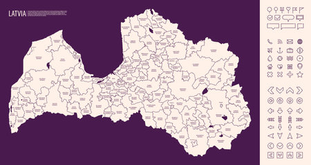 Detailed map of Latvia with administrative divisions on a dark background and icons set, vector illustrationのイラスト素材