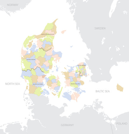 Denmark location map in Europe with administrative divisions of the country, detailed vector illustrationのイラスト素材