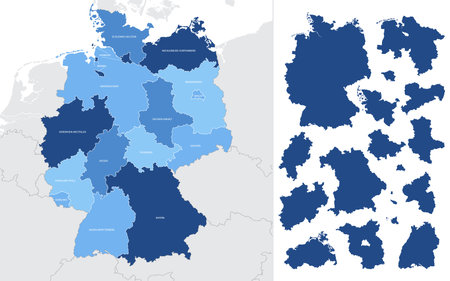 Detailed vector blue map of Germany with administrative divisions into lands and regions of the countryのイラスト素材