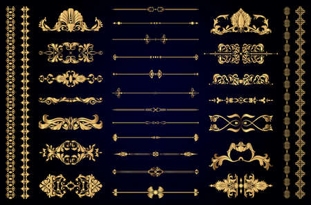Set of gold decorative elements for book decoration, holidays and wedding decor, vector illustrationのイラスト素材