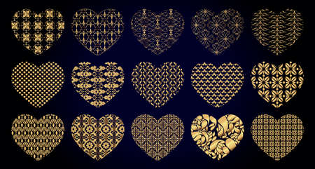 Set of gold decorative hearts for Valentines day cards and wedding decor, vector illustrationのイラスト素材