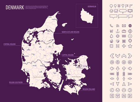 Detailed map of Denmark with administrative divisions on a dark background, country big cities and icons set.のイラスト素材