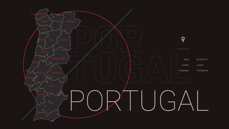 Detailed map of Portugal, division and country information, travel poster in dark style, vector illustrationのイラスト素材
