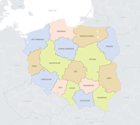 Detailed location map of Poland in Europe with administrative divisions of the country, vector illustrationのイラスト素材