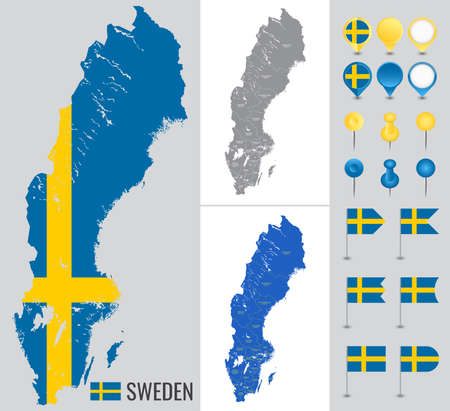 Sweden vector map with flag, globe and icons on white backgroundのイラスト素材