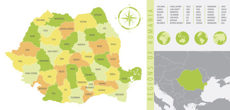 Detailed map of Romania with administrative divisions of the country, color vector illustrationのイラスト素材