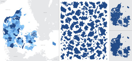 Detailed, vector, blue map of Denmark with administrative divisions into regions countryのイラスト素材