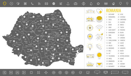 Detailed monochrome map of Romania, gray country territory with geographic borders and administrative divisions on white background, travel icons set, vector illustrationのイラスト素材