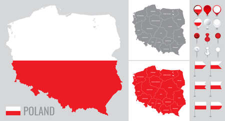 Poland vector map with flag, globe and icons on white backgroundのイラスト素材