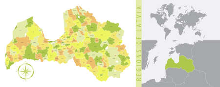 Detailed map of Latvia with administrative divisions of the country, color vector illustrationのイラスト素材
