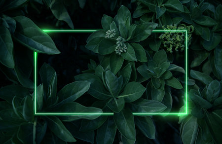 Bright neon frame with white and green glow on background of tropical plants, leaves modern summer...