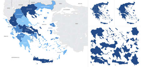 Detailed, vector, blue map of Greece with administrative divisions country