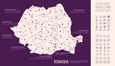 Detailed map of Romania with administrative divisions on dark background, country big cities and icons set, vector illustrationのイラスト素材