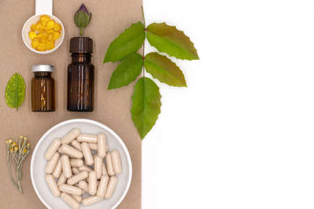 Background with and pills capsules dietary supplements, medicinal oils and herbs, healthy lifestyle...