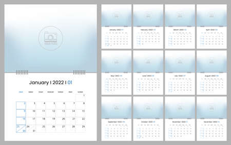 Calendar template for 2022, minimalist day planner, week starts on sundayのイラスト素材