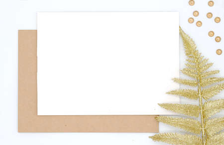 Christmas festive mockup for postcard or letter, top view and flat lay, blank banner with blank space, new year concept on white backgroundの写真素材