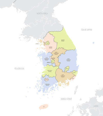 Detailed map of South Korea with administrative divisions and borders of neighboring Asian countries, vector illustration on white backgroundのイラスト素材
