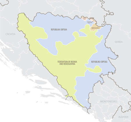 Detailed map of Bosnia and Herzegovina with administrative divisions and borders of neighboring countries in Europe, vector illustrationのイラスト素材