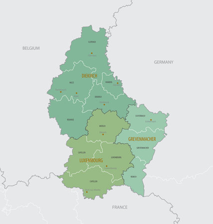 Detailed map of luxembourg with administrative divisions into district and Cantons, major cities of the country, vector illustration onwhite backgroundのイラスト素材