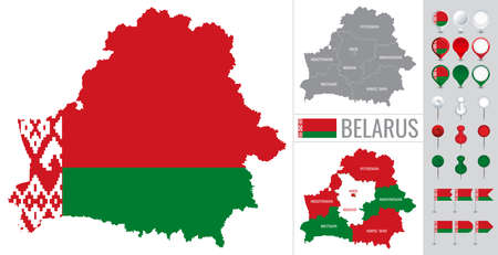 Belarus vector map with flag, globe and icons on white background
