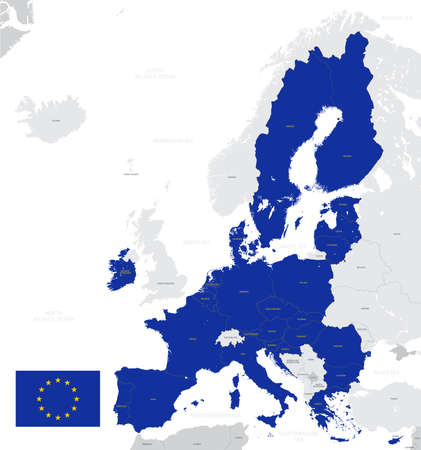 Detailed map of the European Union with flag, member states highlighted in blueのイラスト素材