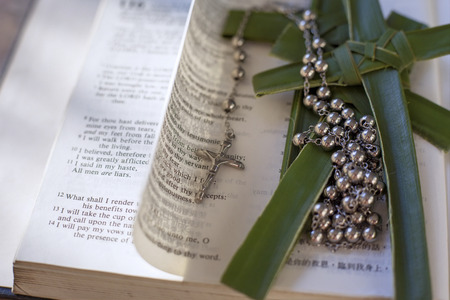 Rosary beads sitting on an open bible