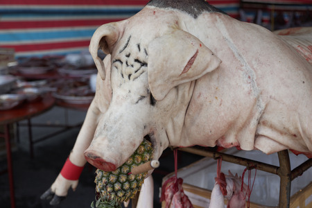 a pig stuffed ready for spit roast with a pineapple in its mouthの写真素材