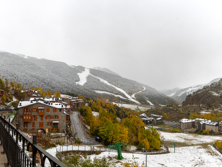Beautiful views of the ski world cup track in the first autumn snows in Grandvalira, El Tarter, Canillo, Andorra.のeditorial素材