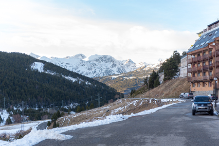 Beautiful path in the first autumn snow in Bordes de Envalira, Canillo, Andorra.のeditorial素材