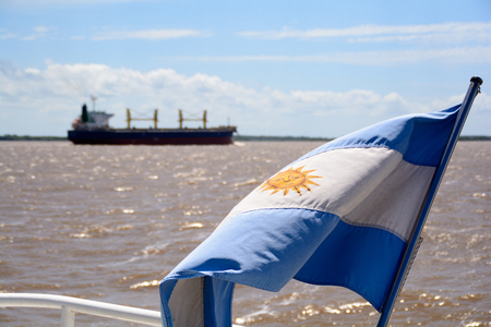 Flag of Argentina in the River Plate.の写真素材
