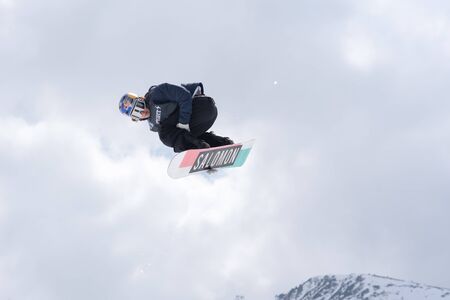 El Tarter, Andorra. 29 March 2019: Snowboarder participating in the Total Fight 2019 Grandvalira...