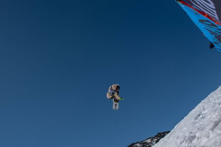 El Tarter, Andorra. 29 March 2019: Snowboarder participating in the Total Fight 2019 Grandvalira Andorra.のeditorial素材