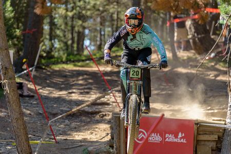 VALLNORD, ANDORRA  - JULY 4 2019:  CYCLIST in the MERCEDES-BENZ UCI MTB WORLD CUP 2018 - DHI Vallnord, Andorra on July 2019のeditorial素材