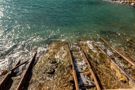 Turquoise waters in Es Portitxol, Ibiza, Spain. Hidden bay on the Island of Ibiza, in Sant Joan de Labritja.の写真素材