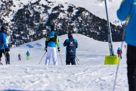 Grandvalira, Andorra : 2019 December 28 : People having fun in Sunny Day on Grandvalira Ski Station in Andorra.のeditorial素材
