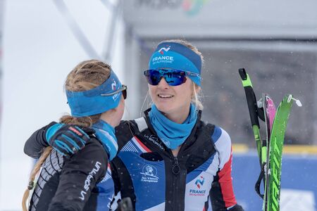 VALLNORD, ARINSAL, ANDORRA - JAUNARY 26, 2020:  The Skieer climbs on skis on VALLNORD . Individual COMAPEDROSA 2020 race ski mountaineering ISMF WORLD CUP 2020 Skier climbs on skis on VALLNORD . Individual COMAPEDROSA 2020 race ski mountaineering ISMF WORのeditorial素材