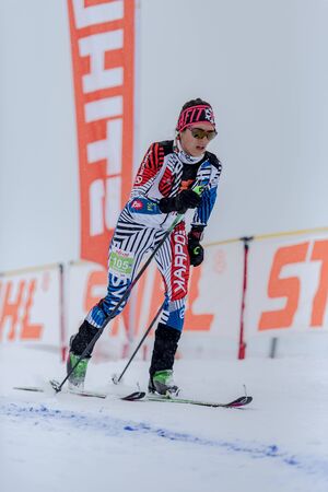VALLNORD, ARINSAL, ANDORRA - JAUNARY 26, 2020:  The Skieer climbs on skis on VALLNORD . Individual COMAPEDROSA 2020 race ski mountaineering ISMF WORLD CUP 2020 Skier climbs on skis on VALLNORD . Individual COMAPEDROSA 2020 race ski mountaineering ISMF WORのeditorial素材
