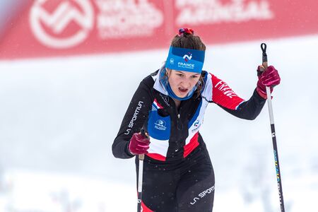 VALLNORD, ARINSAL, ANDORRA - JAUNARY 26, 2020:  The Skieer climbs on skis on VALLNORD . Individual COMAPEDROSA 2020 race ski mountaineering ISMF WORLD CUP 2020 Skier climbs on skis on VALLNORD . Individual COMAPEDROSA 2020 race ski mountaineering ISMF WORのeditorial素材