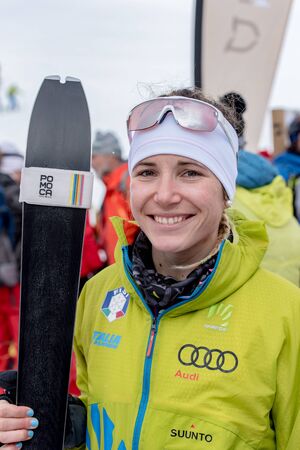 VALLNORD, ARINSAL, ANDORRA - JAUNARY 26, 2020:  The Skieer  DE SILVERTRO ALBA (ITA) climbs on skis on VALLNORD . Individual COMAPEDROSA 2020 race ski mountaineering ISMF WORLD CUP 2020 Skier climbs on skis on VALLNORD . Individual COMAPEDROSA 2020 race skのeditorial素材