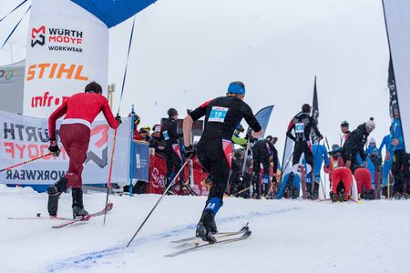 VALLNORD, ARINSAL, ANDORRA - JAUNARY 26, 2020:  The Skieer climbs on skis on VALLNORD . Individual COMAPEDROSA 2020 race ski mountaineering ISMF WORLD CUP 2020 Skier climbs on skis on VALLNORD . Individual COMAPEDROSA 2020 race ski mountaineering ISMF WORのeditorial素材